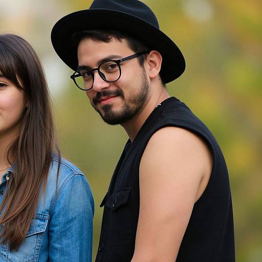 Photograph of a bearded man with dark glasses and black hat, sleeveless black shirt, smiling beside a woman in blue denim. Blurred green