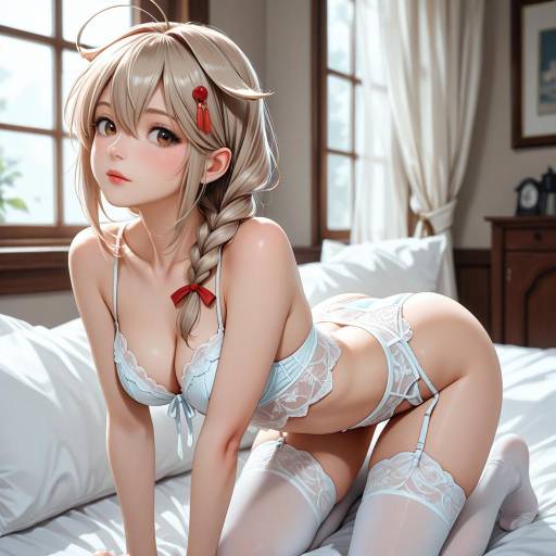 Blonde Woman in Blue Lingerie on Bed