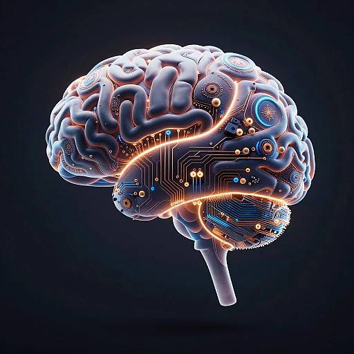 Digital CGI of a glowing, futuristic brain with neon blue and orange circuitry, gears, and wires against a dark background.