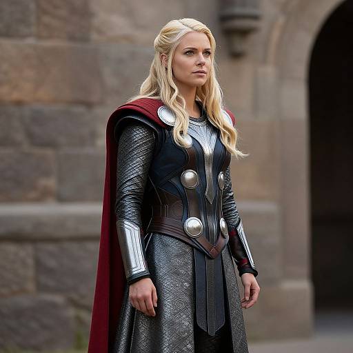 Photograph of a blonde woman in a medieval-style black and silver armor with large silver buttons, red cape, standing against a stone archway background.