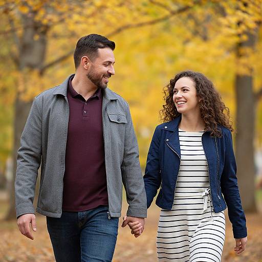 Photograph of a smiling couple holding hands in a vibrant autumn forest, wearing casual fall clothes; man in gray jacket, woman in striped dress and navy