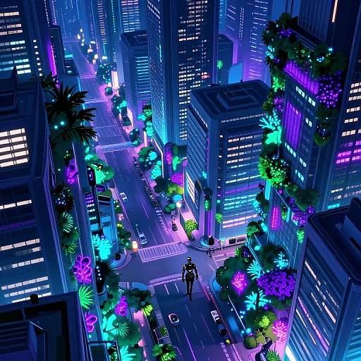 Digital art of a neon-lit, futuristic city street at night, featuring vibrant blue, purple, and green lights on tall buildings and trees, with