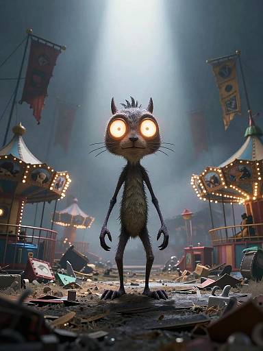 CGI image of a creepy, tall, black-furred cat with glowing orange eyes standing in a dark, foggy, abandoned carnival at night,