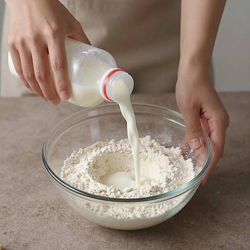 Pouring Milk into Flour in Glass Bowl