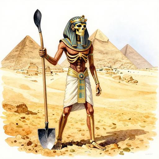 Colorful digital illustration of an Anubis-like figure with a skeletal face, holding a shovel, standing in a desert with pyramids in the background