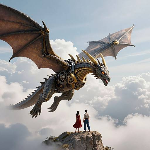 Digital art: A massive, detailed dragon with golden horns and scales soars above a rocky peak, where a couple in a red dress and blue suit