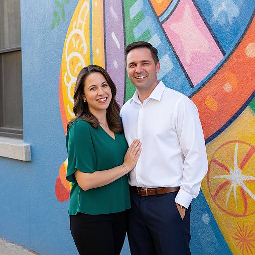 Photograph of a smiling couple standing against a colorful, vibrant graffiti wall; woman in green blouse, man in white shirt.