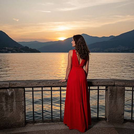 Photograph of a woman with long brown hair in a red, backless dress, standing on a stone balcony overlooking a calm lake at sunset, with