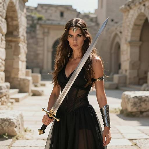 Woman Warrior with Sword in Ancient Ruins