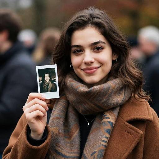 Young Woman Holding Polaroid Photo Outdoors