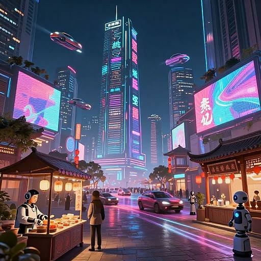 Neon-lit futuristic street scene at night in a bustling Asian city, featuring illuminated signs, flying cars, traditional markets, and pedestrians.