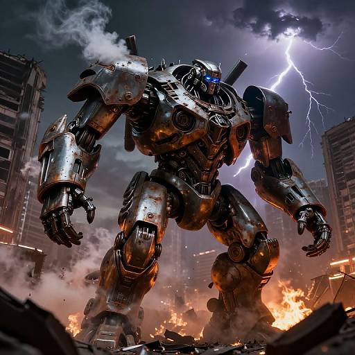 Digital art of a towering, metallic robot with glowing blue eyes, standing amidst a cityscape destroyed by lightning and fire.