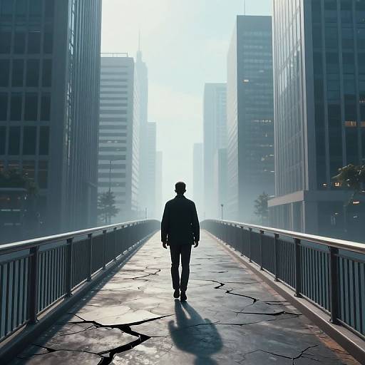 Silhouetted man in suit walks on a cracked, illuminated bridge between towering skyscrapers, backlit by bright, hazy sunlight. Photograph