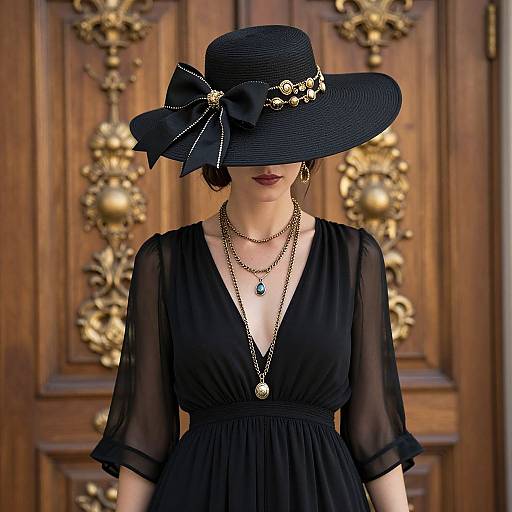 Photograph of a woman in a sheer black dress, large black hat with bow, gold jewelry, and dark lipstick, standing in front of an orn