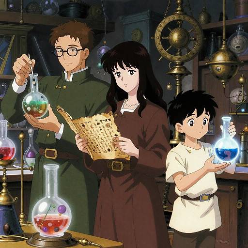 Anime-style illustration: A bespectacled man in green, a black-haired woman in brown, and a young boy with black hair in white,