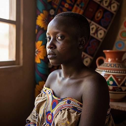 Photograph of a dark-skinned woman with short hair, wearing an ornately patterned off-shoulder dress, standing in a sunlit room