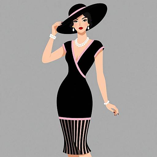 Digital illustration of a stylish woman in a black dress, wide-brimmed hat, pearl necklace, white bracelet, and striped black pants, against a