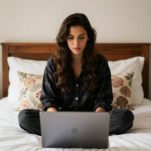 Woman Sitting on Bed Using Laptop
