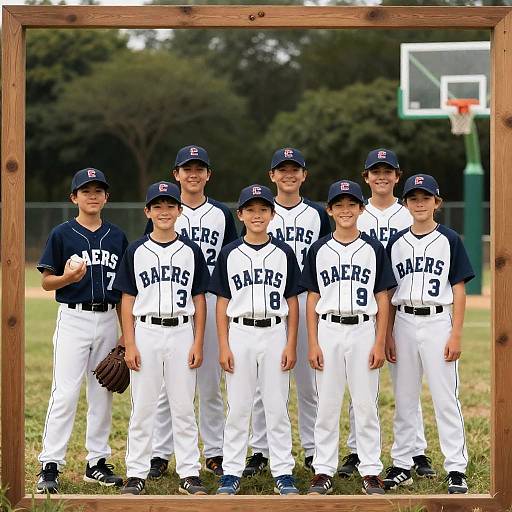 Seven Boys in Baseball Uniforms Outdoors