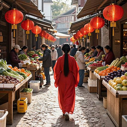 Photograph of a bustling Asian market with a woman in a red traditional robe walking down a cobblestone aisle, surrounded by colorful stalls and red lantern