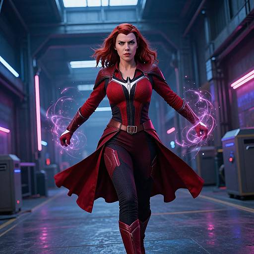 Digital artwork of a red-haired woman in a red and black superhero outfit, walking down a neon-lit industrial corridor, creating purple energy spheres with her
