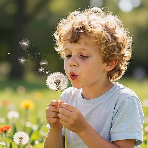 Photograph of a curly-haired, light-skinned young boy in a white shirt, blowing on a dandelion, with a sunny park background.