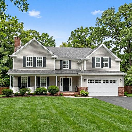Photograph of a two-story, cream-colored colonial house with black shutters, gray roof, white garage, and lush green lawn, surrounded by tall