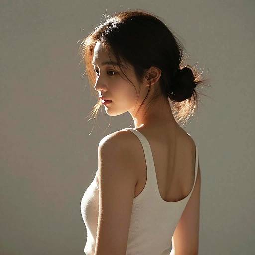 Photograph of a young Asian woman with light skin, dark hair in a bun, wearing a white tank top, backlit by soft sunlight, highlighting