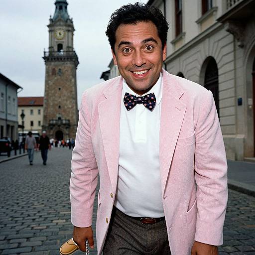 Photograph of a smiling man with dark hair, wearing a pink blazer, white shirt, black bow tie, and brown pants, holding a tan