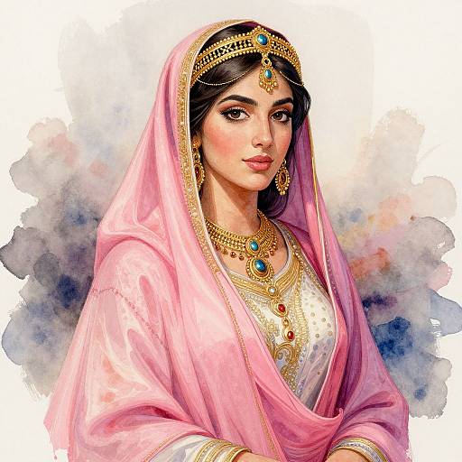 Digital painting of a beautiful Indian woman in a pink saree and gold jewelry, with a turquoise headpiece and necklace, against a watercolor background.