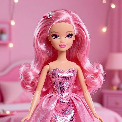 Photorealistic CGI of a pink-haired doll with large purple eyes, wearing a sparkly pink sequin dress, in a pink-lit bedroom.