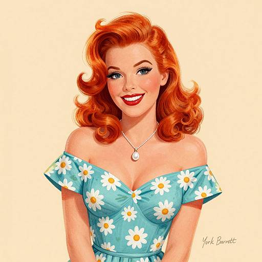 Digital illustration of a smiling woman with vibrant red curly hair, wearing an off-shoulder blue dress with white daisy patterns, and a silver necklace