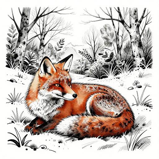 Majestic Red Fox Ink Line Art