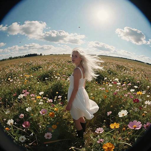 Woman in White Dress in Flower Field