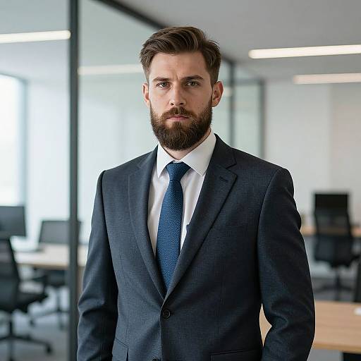 Photograph of a serious, bearded Caucasian man with brown hair, wearing a dark navy suit, white shirt, and blue tie, standing in a