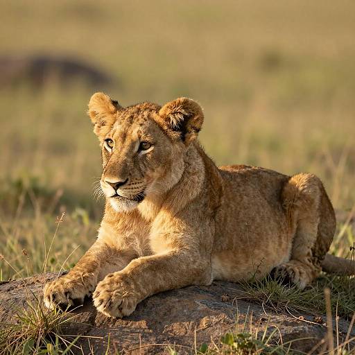 Young Lion Cub in Sunlit Savanna