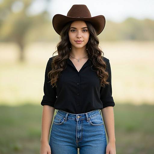 Photograph of a young woman with long brown hair, wearing a brown cowboy hat, black button-up shirt, and high-waisted blue jeans,