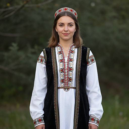 Photograph of a young woman with light skin and brown hair, wearing a white embroidered dress with black velvet vest, red floral headband, and standing