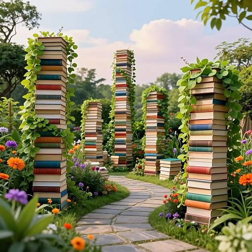 Photograph of a whimsical garden path lined with colorful, stacked book pillars wrapped in green vines, flanked by vibrant flowers and a stone walkway
