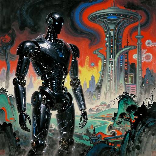 Glossy Black Robot in Sci-Fi Landscape