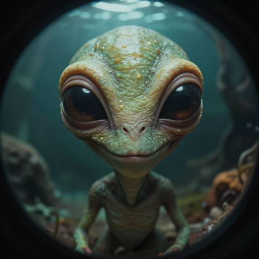 Photorealistic CGI of a large-eyed, green-scaled alien with textured skin, gazing through a fisheye lens in a dark underwater scene