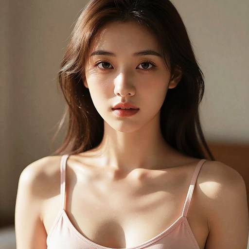 Photograph of an Asian woman with long brown hair, wearing a pink spaghetti-strap top, illuminated by natural light, with a soft, neutral background