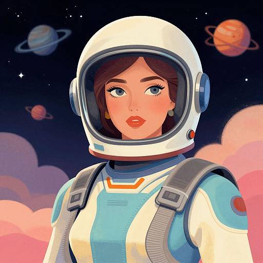 Digital illustration of a beautiful woman with fair skin, red lips, and brown hair in a white astronaut suit with blue accents, wearing a helmet, against