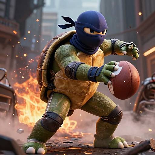 CGI image of a green, turtle-like ninja warrior in a blue mask, holding a football, surrounded by city fire and debris.