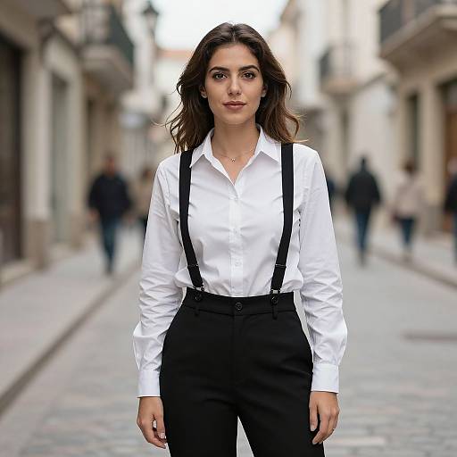 Photograph of a confident woman with wavy brown hair, wearing a white shirt, black suspenders, and high-waisted black pants, standing