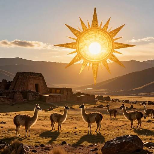 Photograph of a sun with a glowing, ornate face over ancient Incan ruins, featuring a herd of alpacas grazing in a golden,