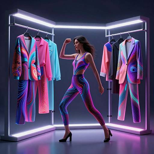 Photograph of a confident woman in vibrant, neon-striped pants and top, flexing her arm, walking past illuminated clothing racks in a dark studio.