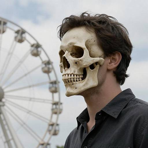Male Figure with Skull Face and Ferris Wheel