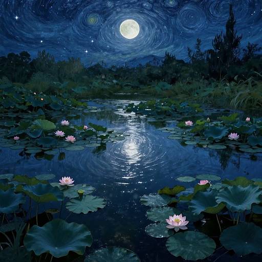 Digital painting of a moonlit pond with ripples, pink lotus flowers, and dark, swirling night sky. Full moon reflects on water, surrounded