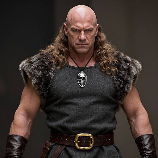 Photograph of a muscular bald man with long brown hair, wearing a fur-collared black shirt, leather gloves, and a skull pendant, against